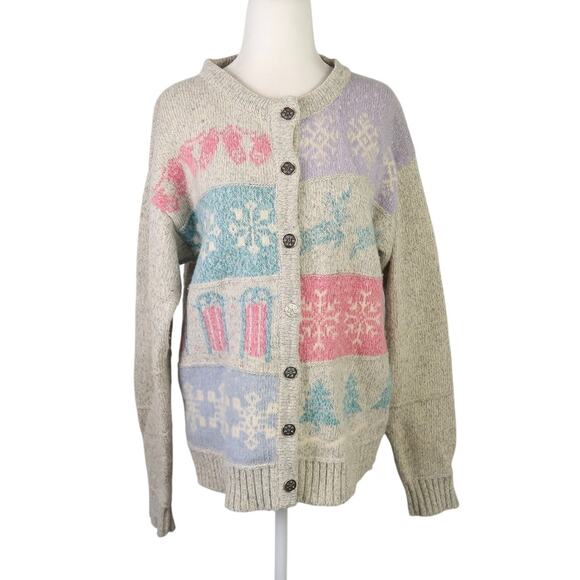 Vintage 80s Woolrich oatmeal cream snowflake wool cardigan sweater M - Picture 1 of 6